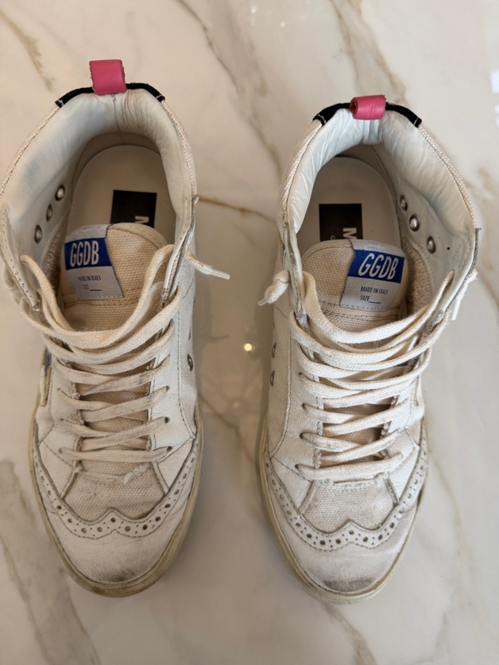 GGDB White High-Top Sneakers with Pink Heel Tab